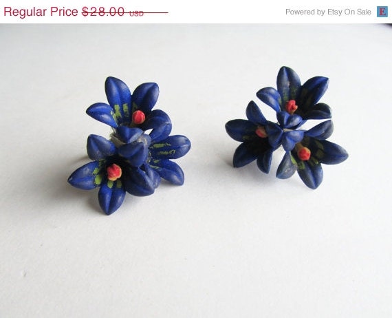 Vintage 1930s 1940s Celluloid Earrings Blue Flowers with Handpainted Details