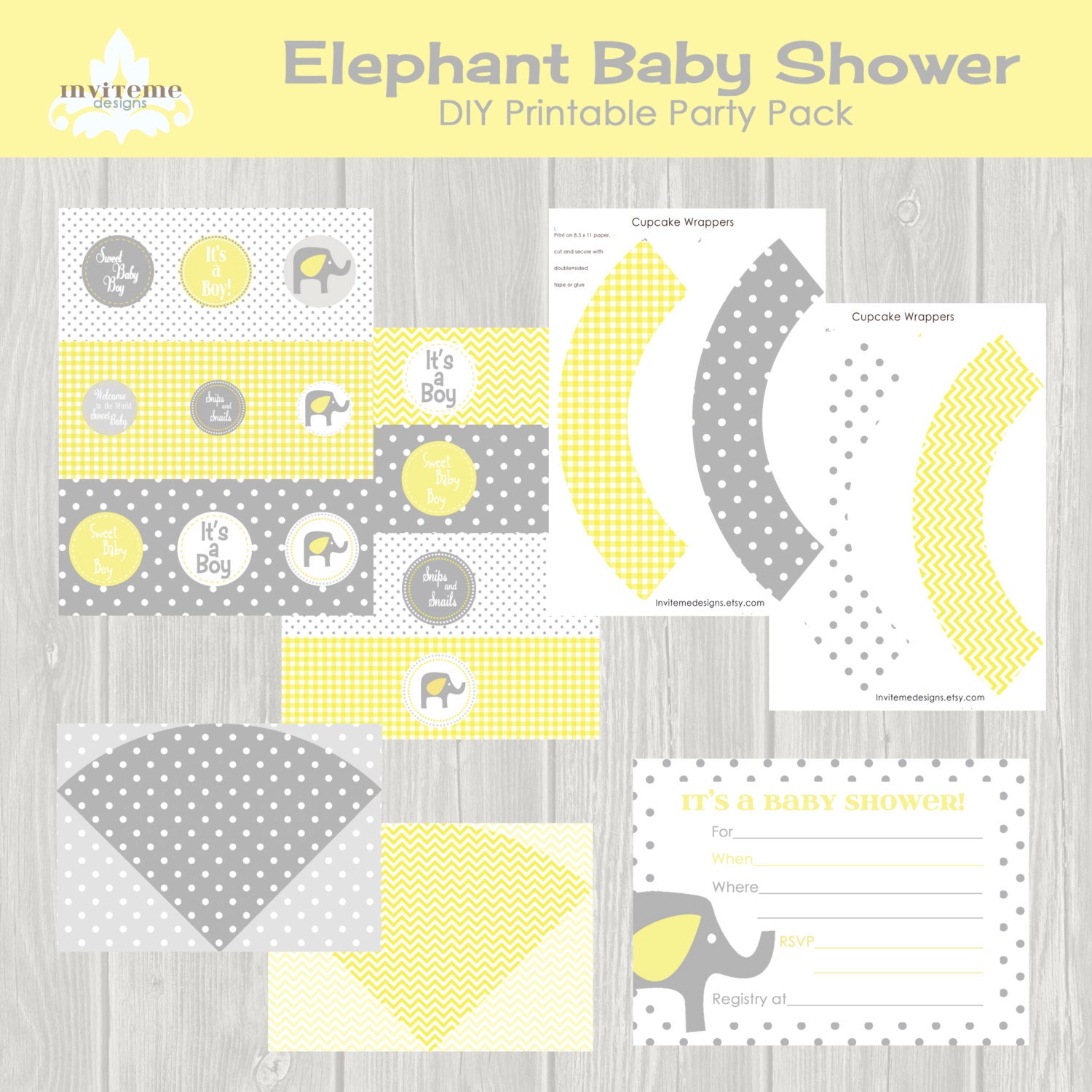 INSTANT DOWNLOAD Elephant Yellow Grey Printable Baby Shower Party Digital Announcement Invitation DIY