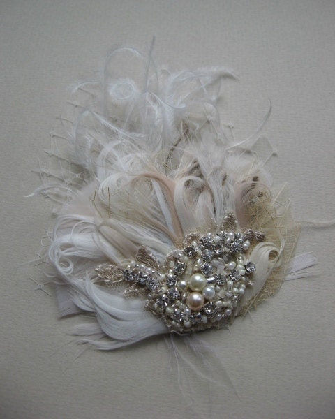 Feather fascinator, burlap and lace Wedding accessories, bridal hair adornment, Ivory Champagne Tan Taupe leaves feather pearl rhinestone