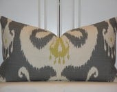 IKAT -  BOTH Sides -  Decorative Pillow Cover - 12 x 21 - Throw Pillow - Accent Pillow - Citrine - Grey - Ivory