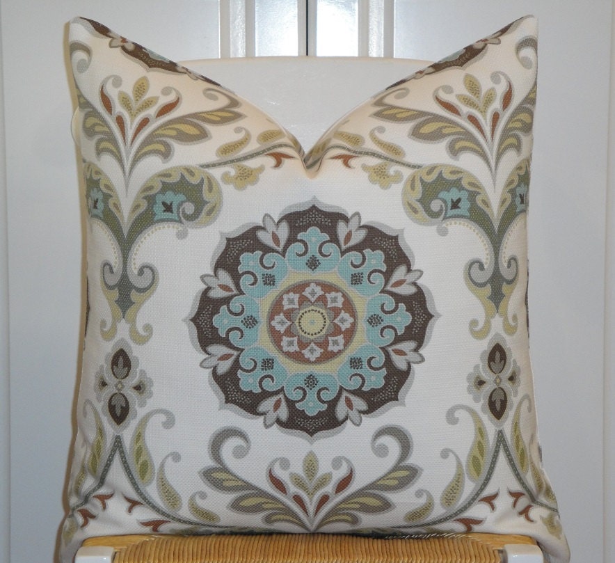 BOTH SIDES - 20 x 20 - Suzani Decorative Pillow Cover - Aqua Blue - Grey - Brown - Pale Yellow- Floral Medallion