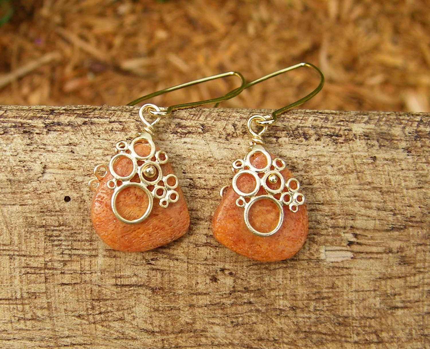 Orange Coral Earrings. Sponge Coral Drop Bubble Earrings on Gold.