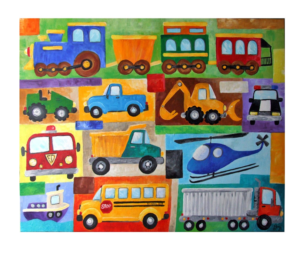 Custom Kids Wall Art, TRANSPORTATION COLLAGE, custom 24x18 canvas painting for boy room