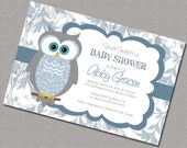 Blue and gray Owl Baby Boy Shower Invitations, Baby Shower Invite with Owls, Digital Printable File - Design 830