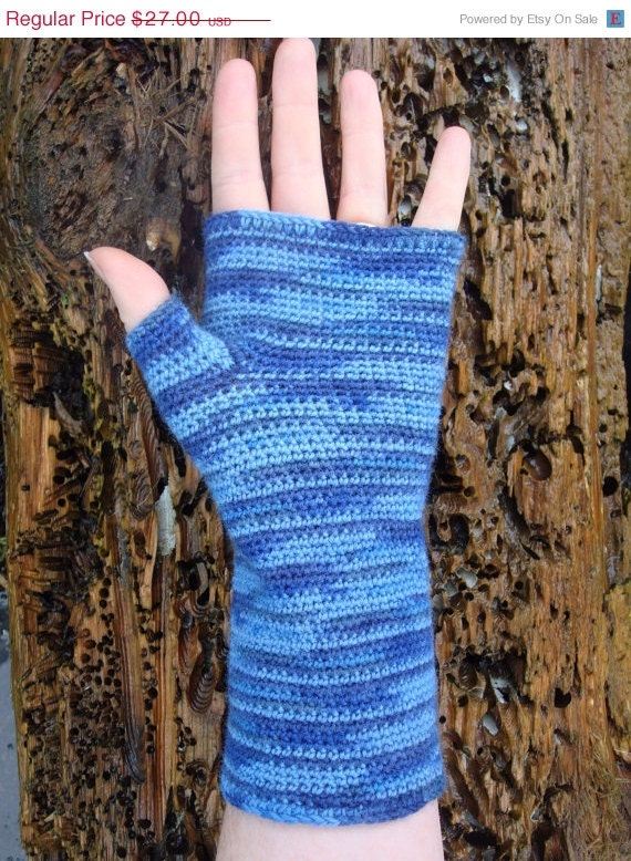ON SALE Crochet Fingerless Gloves Blue Wrist Warmers Handmade in Ireland