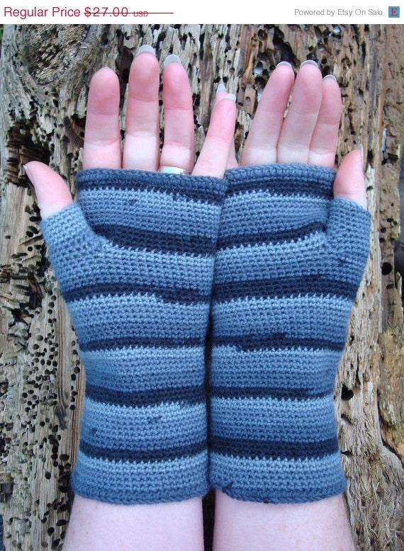 ON SALE Black Striped  Wrist Warmers Crochet Fingerless Gloves Handmade in Ireland