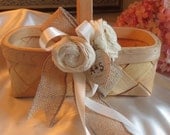 Personalized Flower Girl Basket Birch Heart and Burlap and Satin Ribbon Wedding Decor Shabby Chic