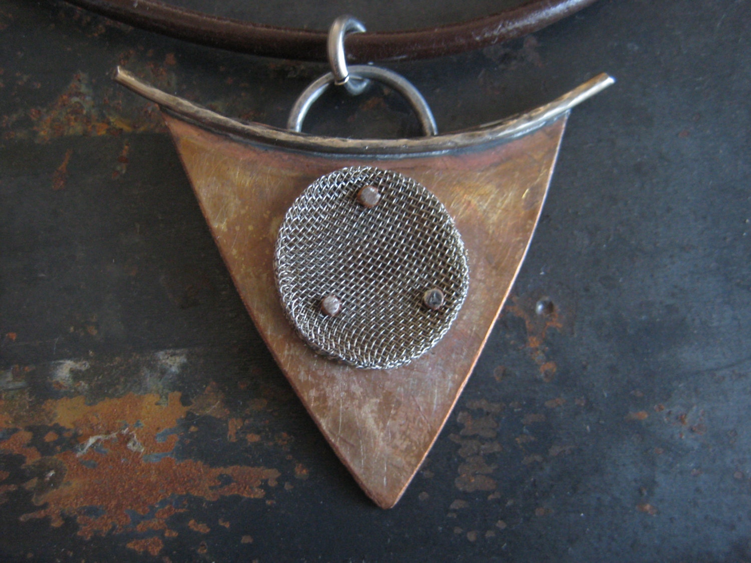 Men's necklace, Mixed metal pendant on a dark brown leather cord - whatsNew