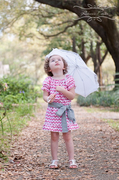 Girls Pink and White Chevron Peasant Dress with removable sash (sizes 6M to 6)