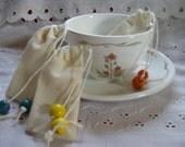 Reusable Tea Bags, Set of 3, Organic Muslin, Drawstring Style with Colored Bead