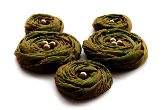 Green Fabric Roses Handmade Appliques Embellishments(5 pcs)
