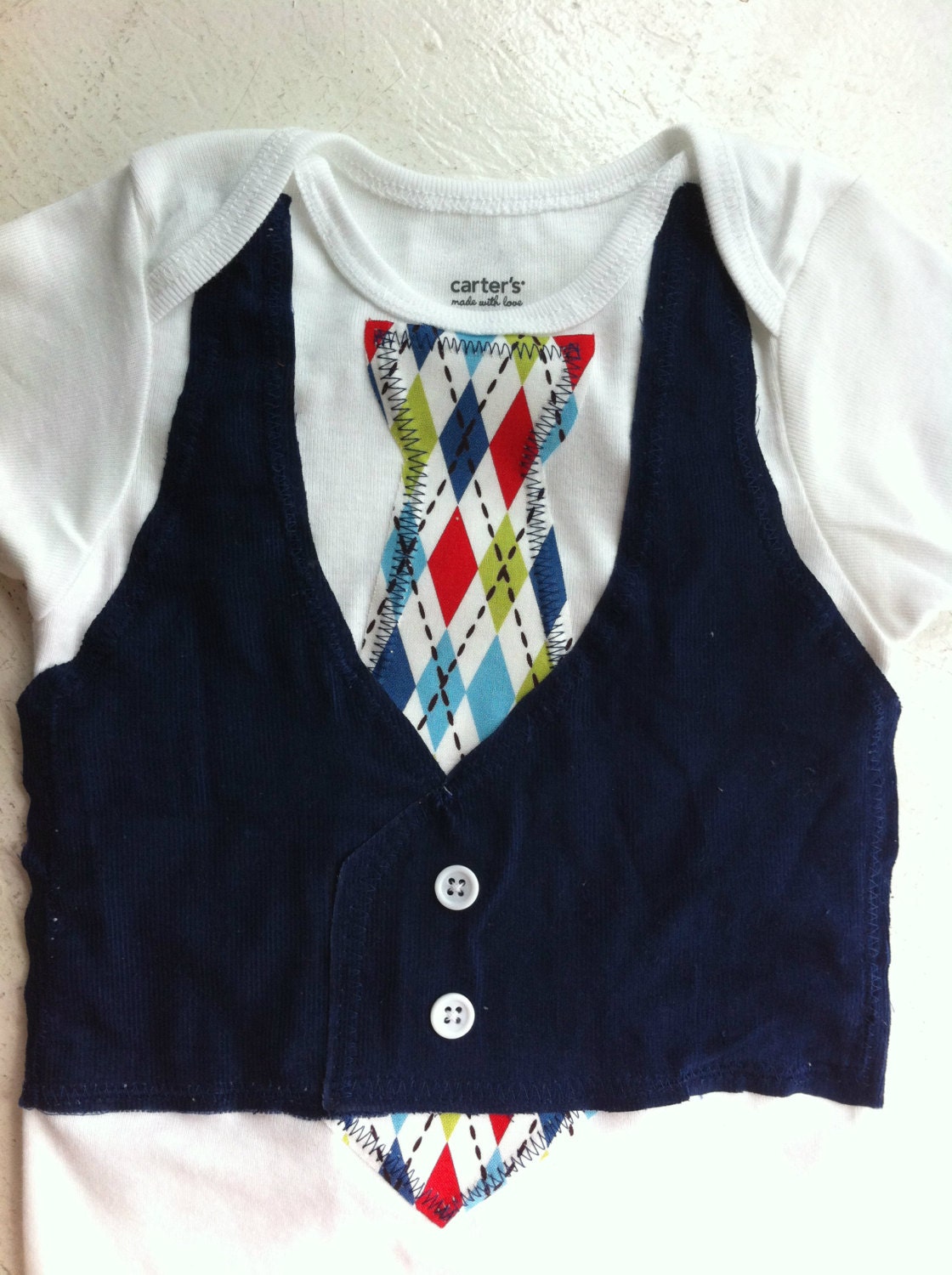 Newborn-24 Month Boys Colorful Diamond Tie with Navy Corduroy Tie Vest Bodysuit