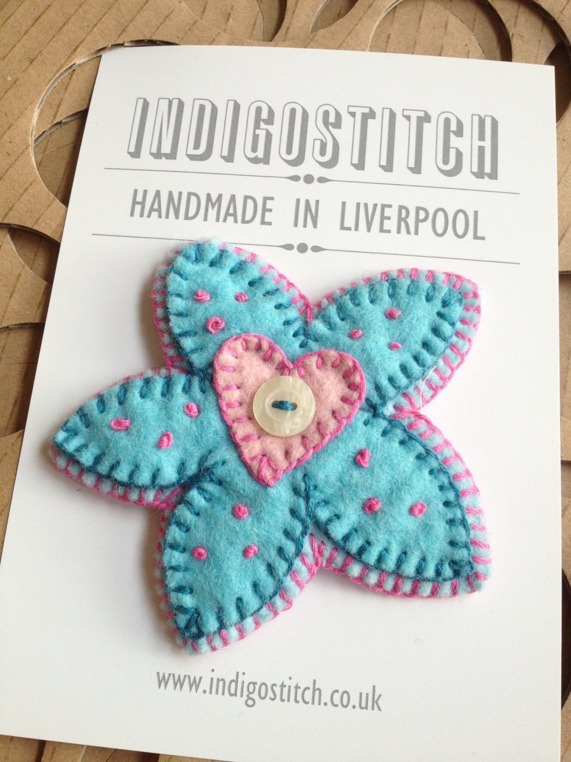 Lovely button and felt handstitched flower and heart brooch