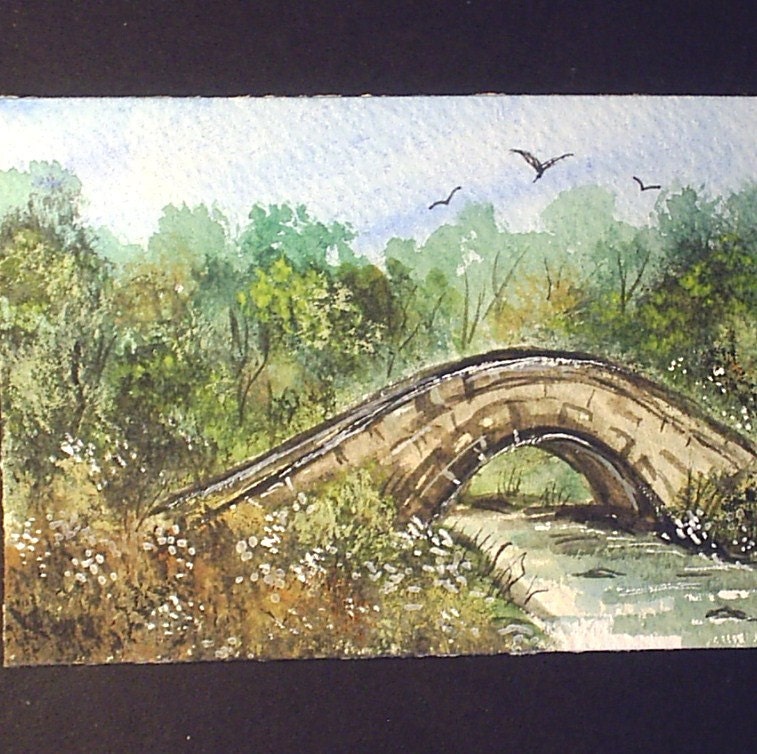 aceo original landscape bridge over the stream. POST FREE