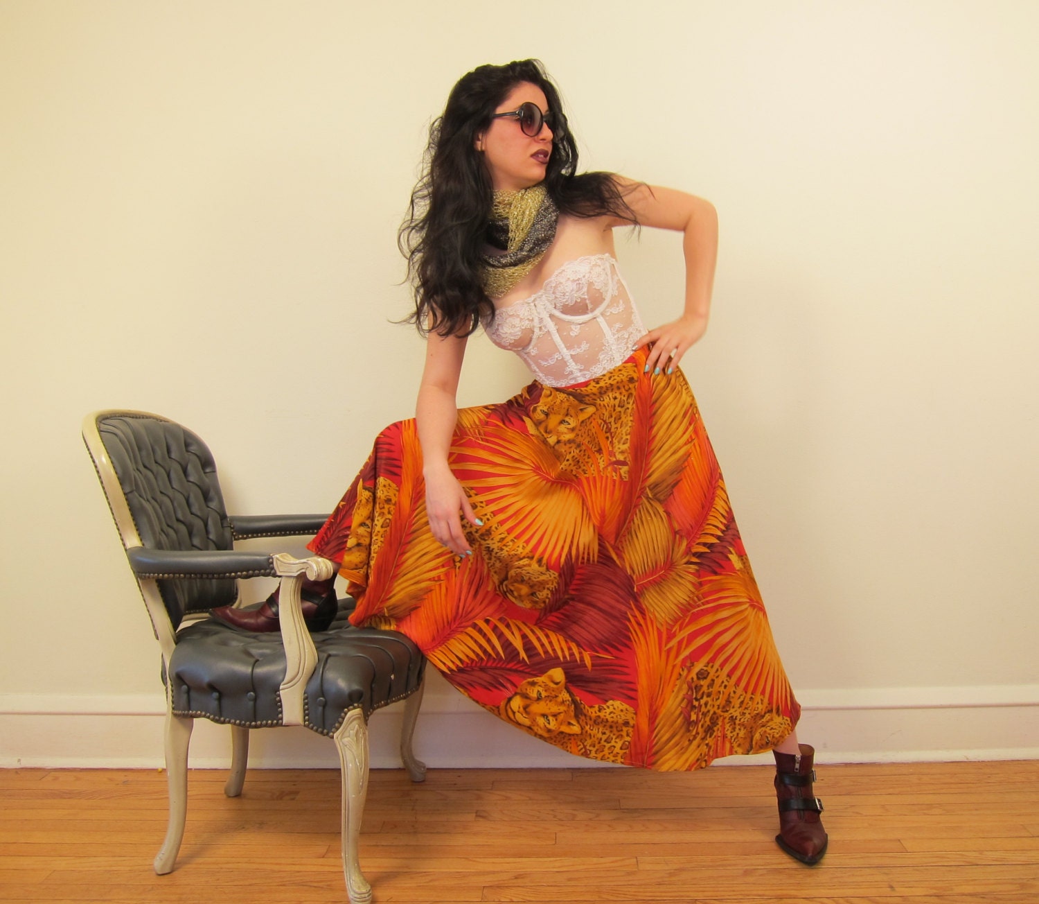 Vintage 1980s Skirt Leopards in Jungle Print in Orange Yellow Gold Red Size Small