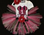 MINNIE MOUSE Hot Pink Zebra Inspired 3 Piece Glitter Tutu Outfit Girls First Birthday Includes TuTu, Hairpiece, and Top up to 6x