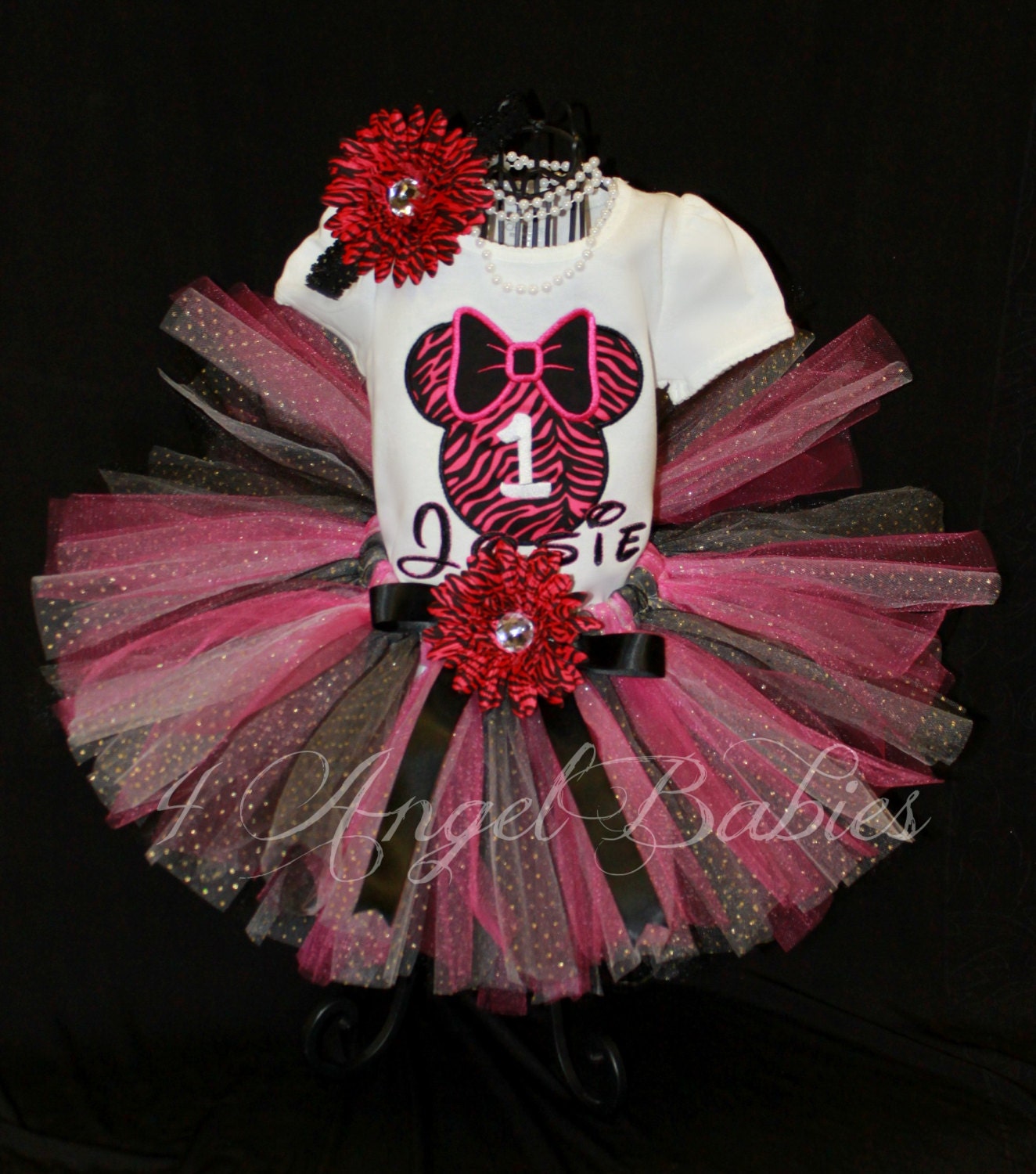 MINNIE MOUSE Hot Pink Zebra Inspired 3 Piece Glitter Tutu Outfit Girls First Birthday Includes TuTu, Hairpiece, and Top up to 6x
