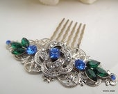 Bridal Rhinestone Hair Comb, Wedding Rhinestone Hair Comb,Rose Rhinestone Hair Comb,Swarovski Crystals,Emerald Green,Something Blue,ROSELANI
