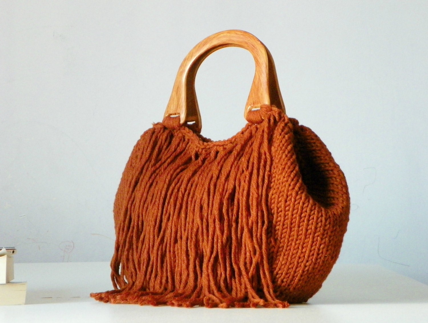 BAG, Knitted fringed Tote handbag, women fashion accessories, Knit women handbag, rusty, terracotta