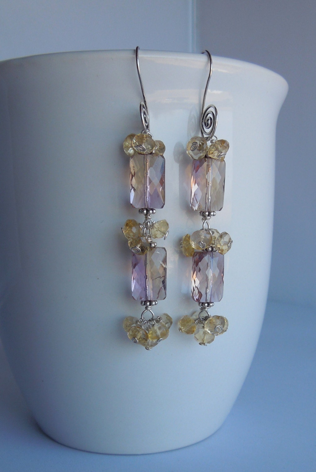 Ametrine Earrings - Amethyst and Citrine Shoulder Duster- Unique Birthstone Cluster Earrings Sterling Silver Handmade Wire Wrapped