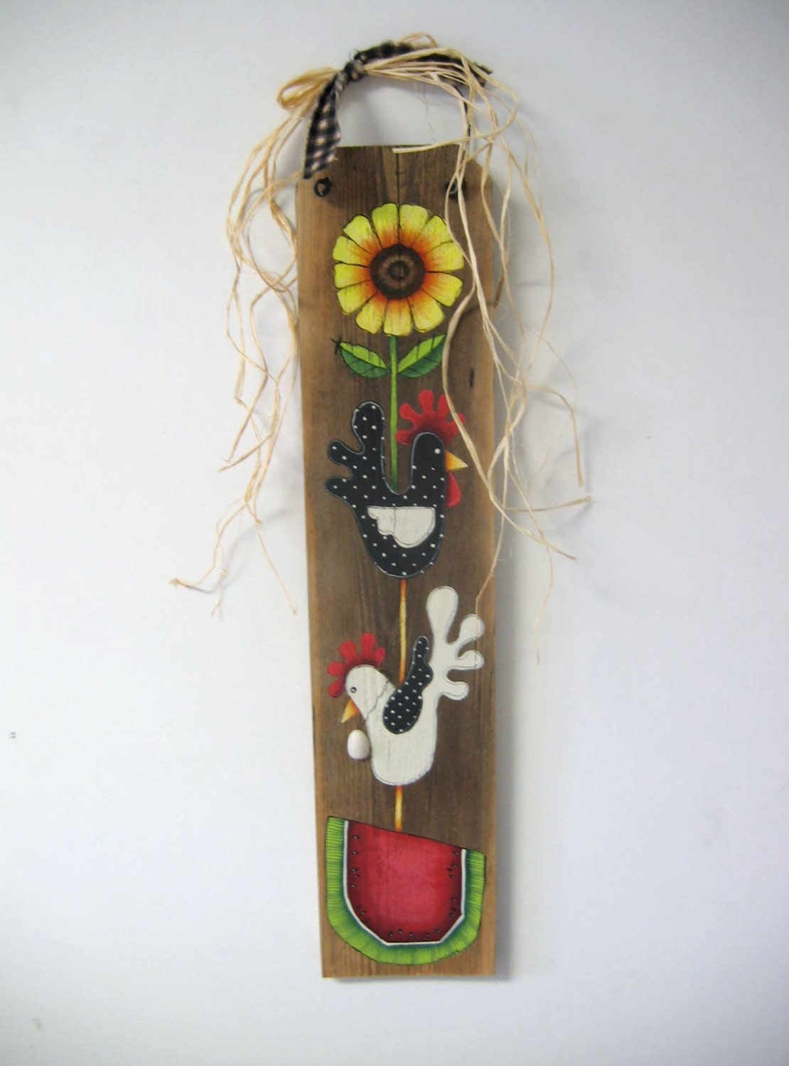 Sunflower, Chickens and Watermelon, Barn Wood, Tole Painted, Rustic, and Primitive