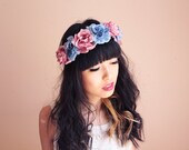 pastel blue and pink Floral rose crown - santa monica, festival crown, woodland, nature, oversize, statement, headband, headpiece.