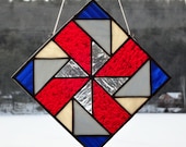 Handmade Stained Quilt Square Suncatcher Red White Blue