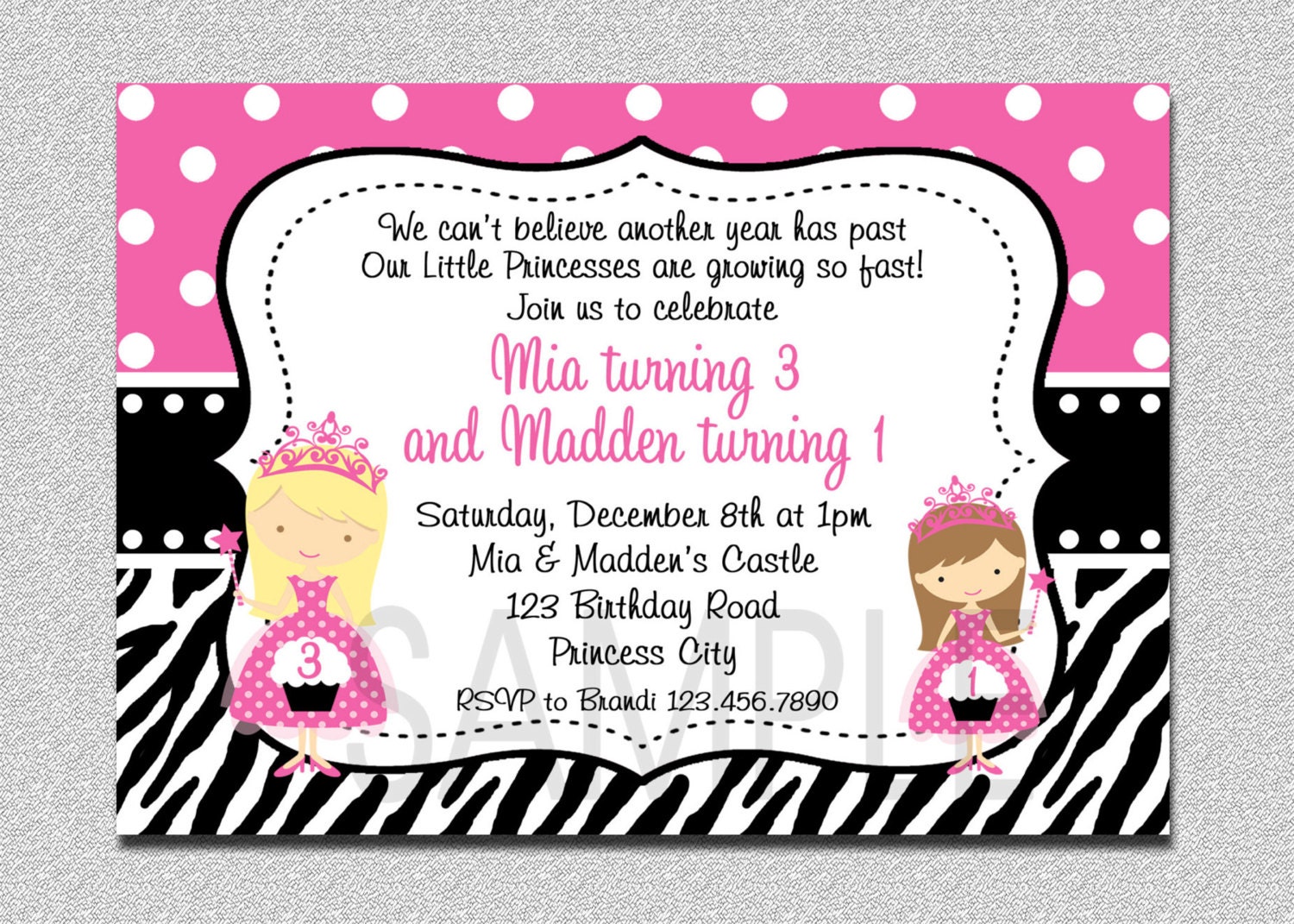 Twins Princess Birthday Invitation Pink and Black Twins Siblings Birthday Invitation Il_170x135