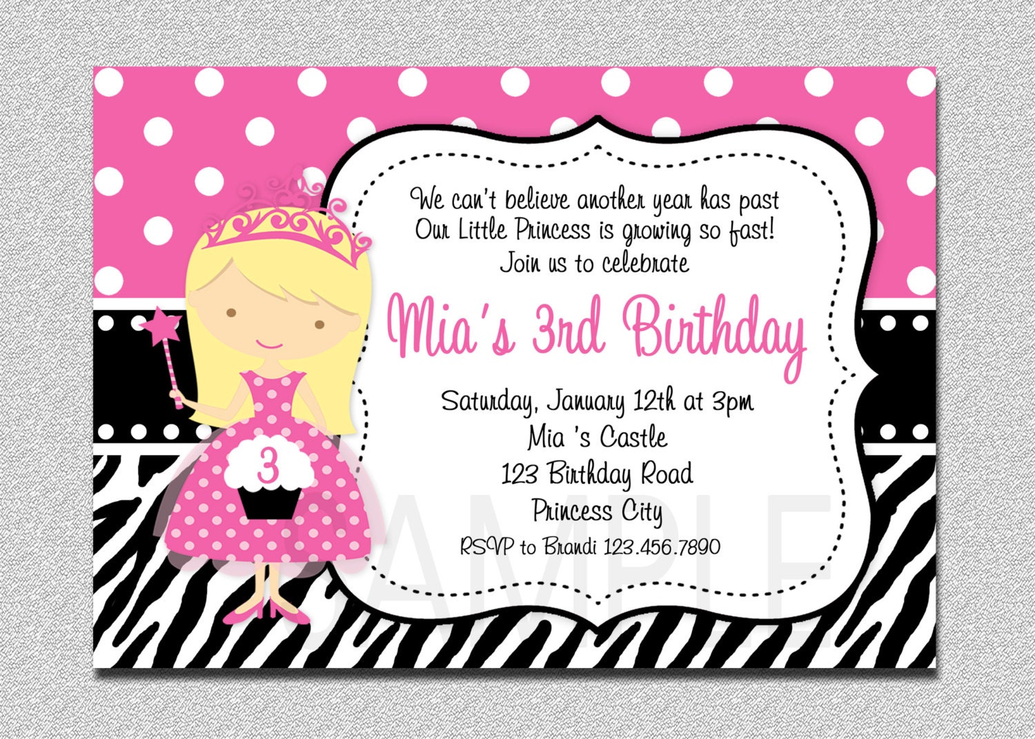 Princess Cupcake Birthday Party Invitation Princess Zebra Birthday Invitation