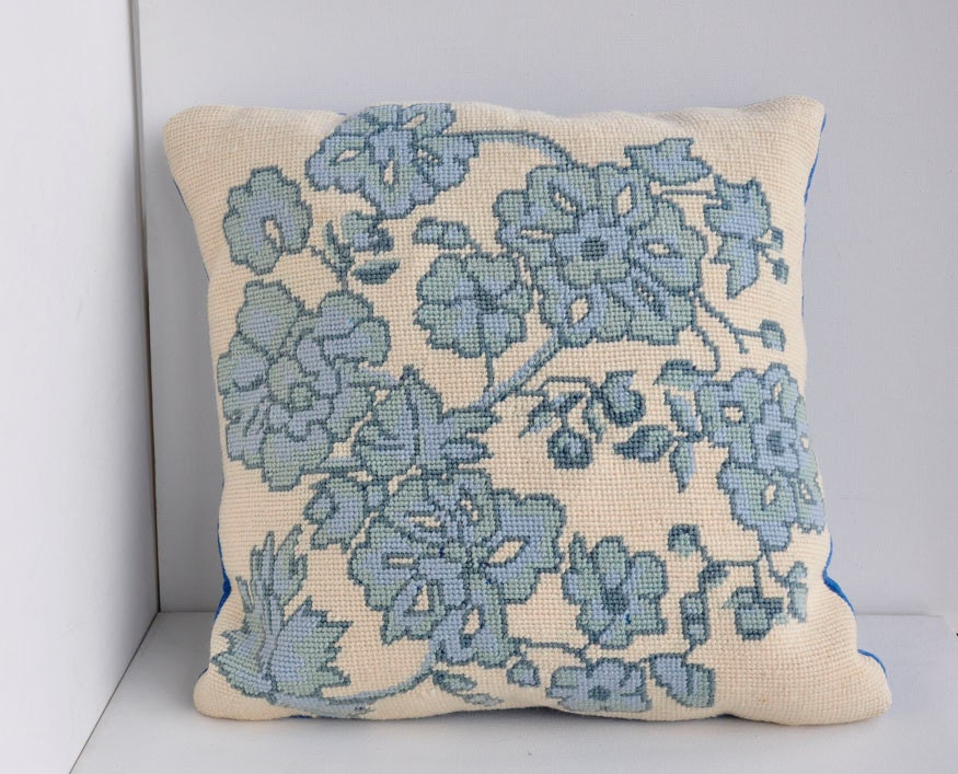 Vintage Blue Floral Cream Needlepoint Throw Pillow Accent Pillow Item no 3872