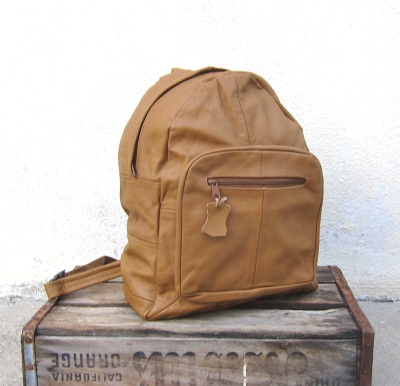Vintage Small Tan Leather Medium Knapsack Backpack