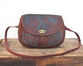 Vintage Unusual Wine and Turquoise Floral Tooled Tan Leather Satchel Purse
