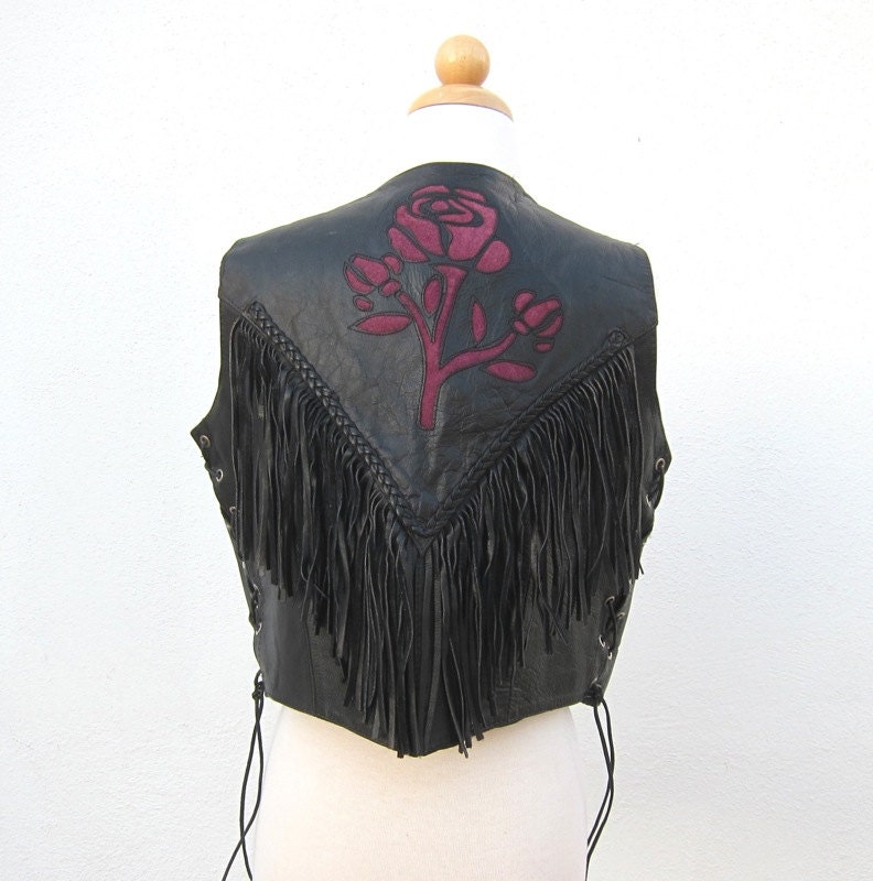 Vintage Fringed Black Leather Laced Cropped Vest Ladies Size L