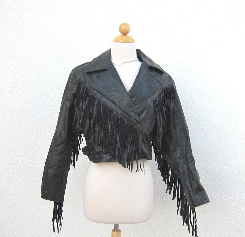 Vintage Cropped Black Leather Fringed Jacket Ladies SIze 8/M
