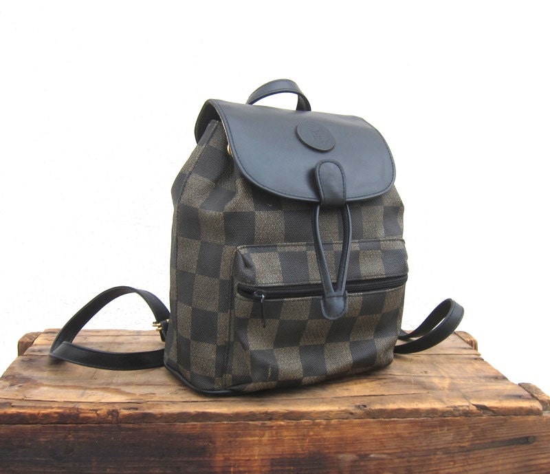 Vintage Black and Tan Checkered Faux Fendi Small Backpack Purse