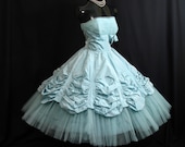 Vintage 1950's 50s STRAPLESS Will Steinman Bombshell Turquoise Blue Taffeta Tulle Lace Party Prom WEDDING Dress Gown