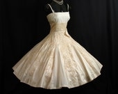 RESERVED Vintage 1950's 50s Bombshell Beaded Sequins Gold Silk Taffeta Party Prom Wedding DRESS Gown RARE Larger Size