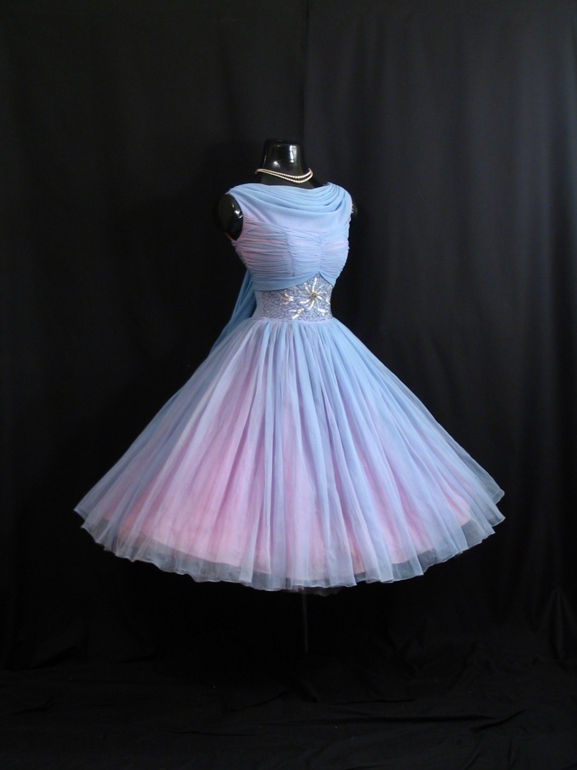 Vintage 1950's 50s Baby Blue Ruched Beaded Rhinestones Chiffon Organza Party Prom Wedding Dress Gown