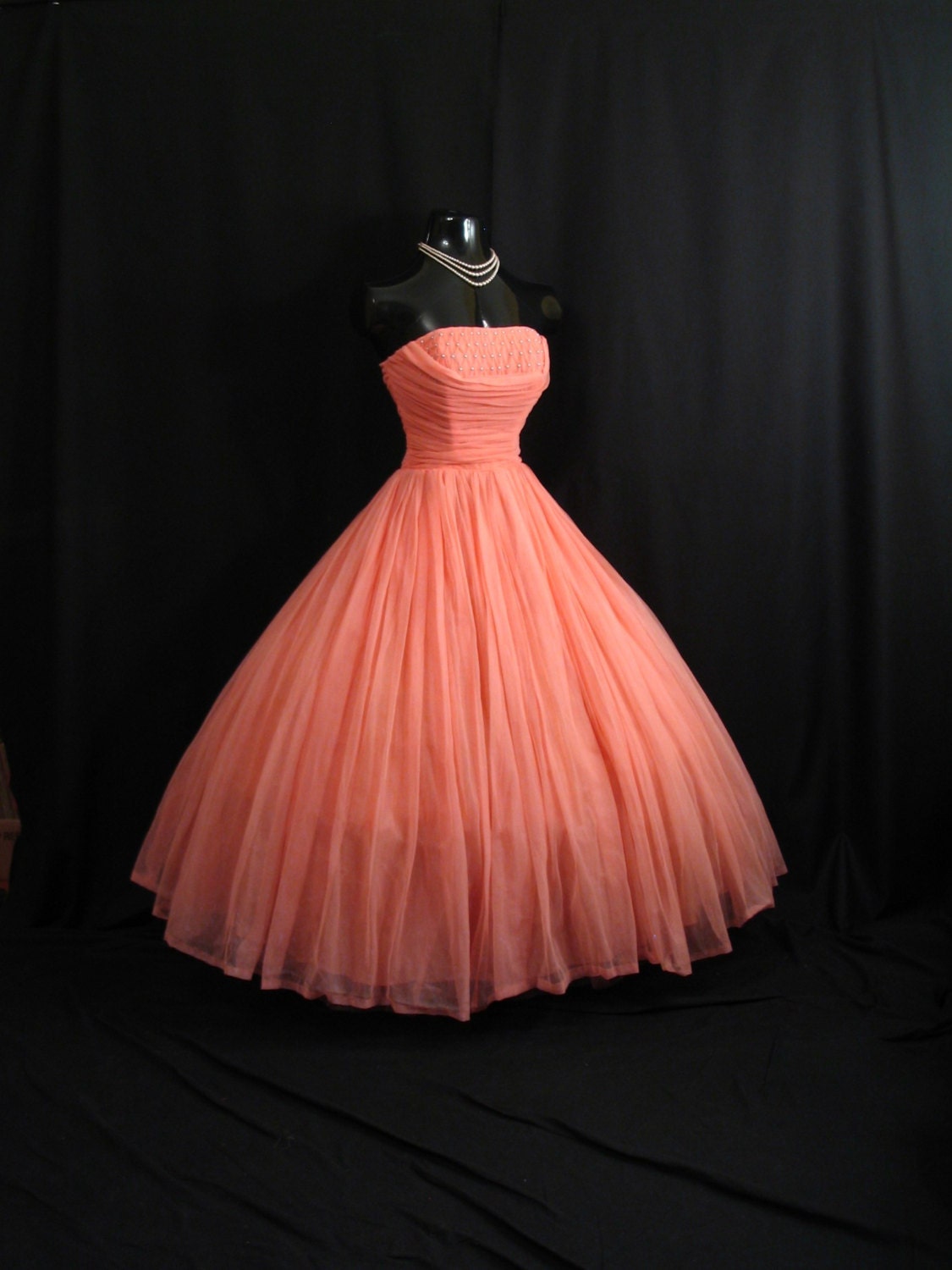Vintage 1950's 50s Coral Salmon Peach Pink Beaded Ruched CHIFFON Organza Pearls Party Prom Wedding DRESS