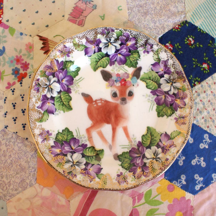 Flower Deer With Violet Floral Vintage Illustrated Plate