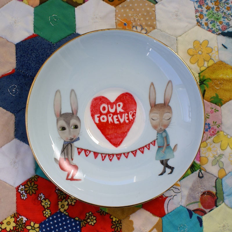 Happy Bunnies With Heart and Bunting Vintage Illustrated Plate