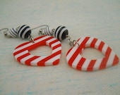 Red stripe Heart earrings with striped round beads