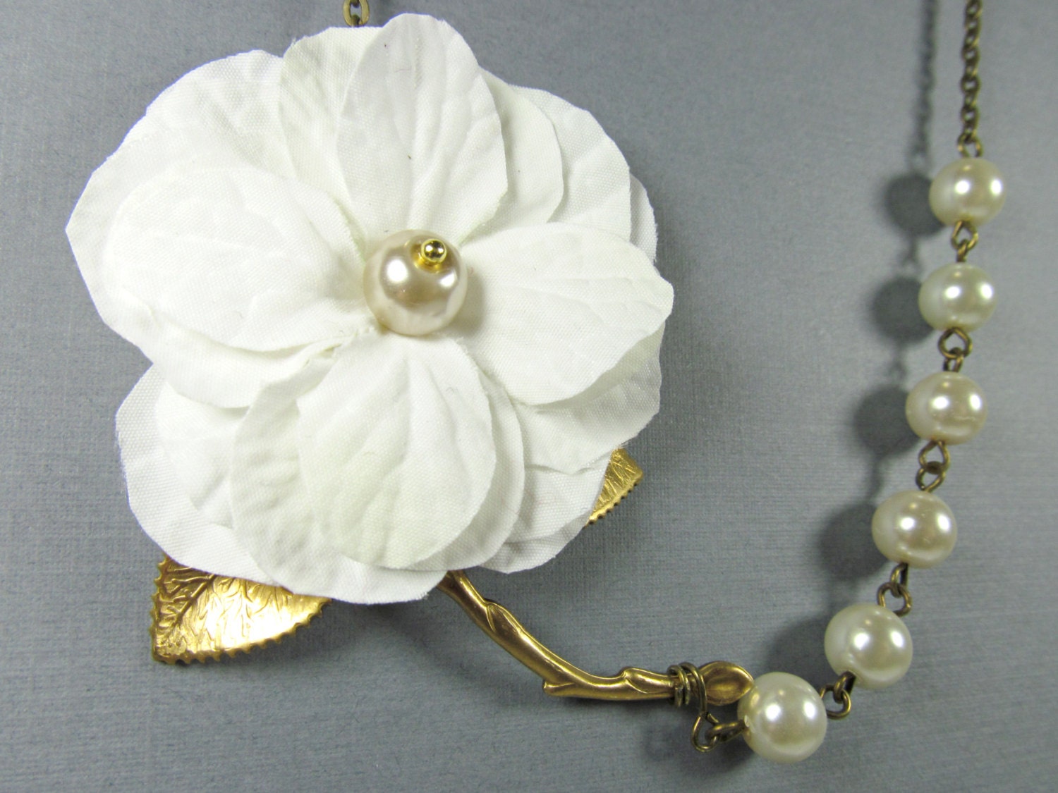 White Fabric Flower, Brass Branch, Leaf, Ivory Pearls, Bridal, Bridesmaid, Flower Necklace