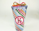 Personalized Double Wall Tumbler With Vinyl Decal Monogram Name And Initial, BPA Free, Pink And Green, 24oz.