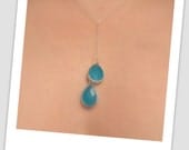 Sterling Silver and Ocean Blue glass tie lariat necklace.  Sexy.  Wedding jewelry.  Bridesmaid necklace.