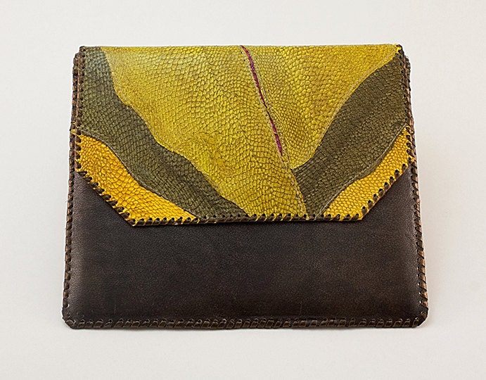 Fish skin and leather iPad case - mustard yellow, green and bronze