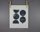 Modern Decor Geometric Circles in Midnight Blue Linocut Art Print 8x10 Polka dot