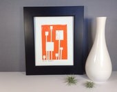 Abstract Art Modern Linocut POSTER - Bright Orange and White Squares Linocut 8x10