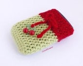 Cherry Blackberry bold Cover, cell phone cozy, Red green crochet case, Wool crochet kawaii