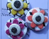 Button Magnets, Orange, Pink, Yellow Glitter Mod Flowers - Fridge Flower Magnet - Home Decor, Housewarming Gift